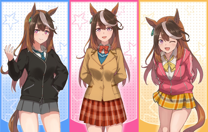 1girl animal_ears black_jacket bow bowtie brown_hair cosplay creator_connection earrings green_necktie green_sweater grey_skirt highres honda_mio honda_mio_(cosplay) hood hoodie horse_ears horse_girl horse_tail idolmaster idolmaster_cinderella_girls jacket jewelry kusanagi_kaoru light_brown_hair long_hair long_sleeves looking_at_viewer miniskirt multicolored_hair multiple_views necktie new_generations_(idolmaster) one_eye_closed pink_hoodie plaid_clothes plaid_skirt pleated_skirt purple_eyes red_bow red_bowtie shibuya_rin shibuya_rin_(cosplay) shimamura_uzuki shimamura_uzuki_(cosplay) single_earring skirt streaked_hair sweater symboli_rudolf_(umamusume) tail umamusume yellow_bow yellow_bowtie