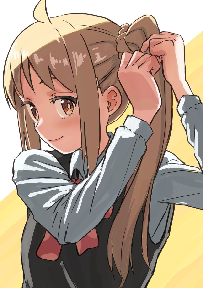1girl adjusting_hair ahoge black_vest blonde_hair bocchi_the_rock! collared_shirt hair_ornament hair_scrunchie highres ijichi_nijika long_hair long_sleeves one_side_up scrunchie shirt solo toraneko two-tone_background upper_body vest white_shirt yellow_eyes
