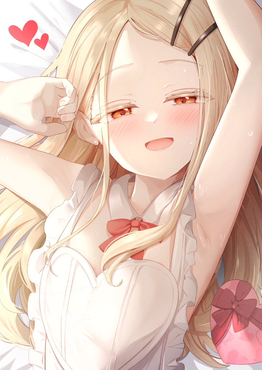 1girl absurdres apron armpits blonde_hair blush box colored_eyelashes detached_collar frilled_apron frills gakuen_idolmaster gift gift_box half-closed_eyes heart heart-shaped_box highres idolmaster long_hair looking_at_viewer lying neck_ribbon on_back orange_eyes red_ribbon ribbon shinosawa_hiro sky_cappuccino smile solo upper_body white_apron