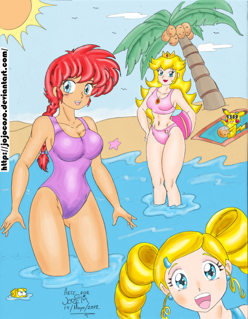 10s 1boy 2012 3girls animal ball beach beachball bikini bird blonde_hair blue_eyes blush braid breasts cartoon_network character_print cleavage cloud coconut coconut_tree collarbone commission crossover crown dated drill_hair drink drinking_straw earrings food_print gem gen_1_pokemon genderswap genderswap_(mtf) goutokuji_miyako hair_ornament hairclip hand_on_own_hip highres holding holding_ball holding_beachball jewelry kimbawest large_breasts long_hair looking_at_viewer looking_up mario_(series) may mouse_(animal) multiple_girls mushroom_print navel nickelodeon nintendo ocean one-piece_swimsuit open_mouth palm_tree pikachu pink_bikini pokemon pokemon_(creature) powerpuff_girls powerpuff_girls_z princess princess_peach print_bikini purple_one-piece_swimsuit ranma-chan ranma_1/2 red_gemstone red_hair red_lips sand saotome_ranma seagull single_braid sky smile sponge spongebob_squarepants spongebob_squarepants_(series) star_(symbol) starfish sun sunglasses supergeorgesapiens swimsuit teeth toad_(mario) tree tropical_drink twin_drills twintails water