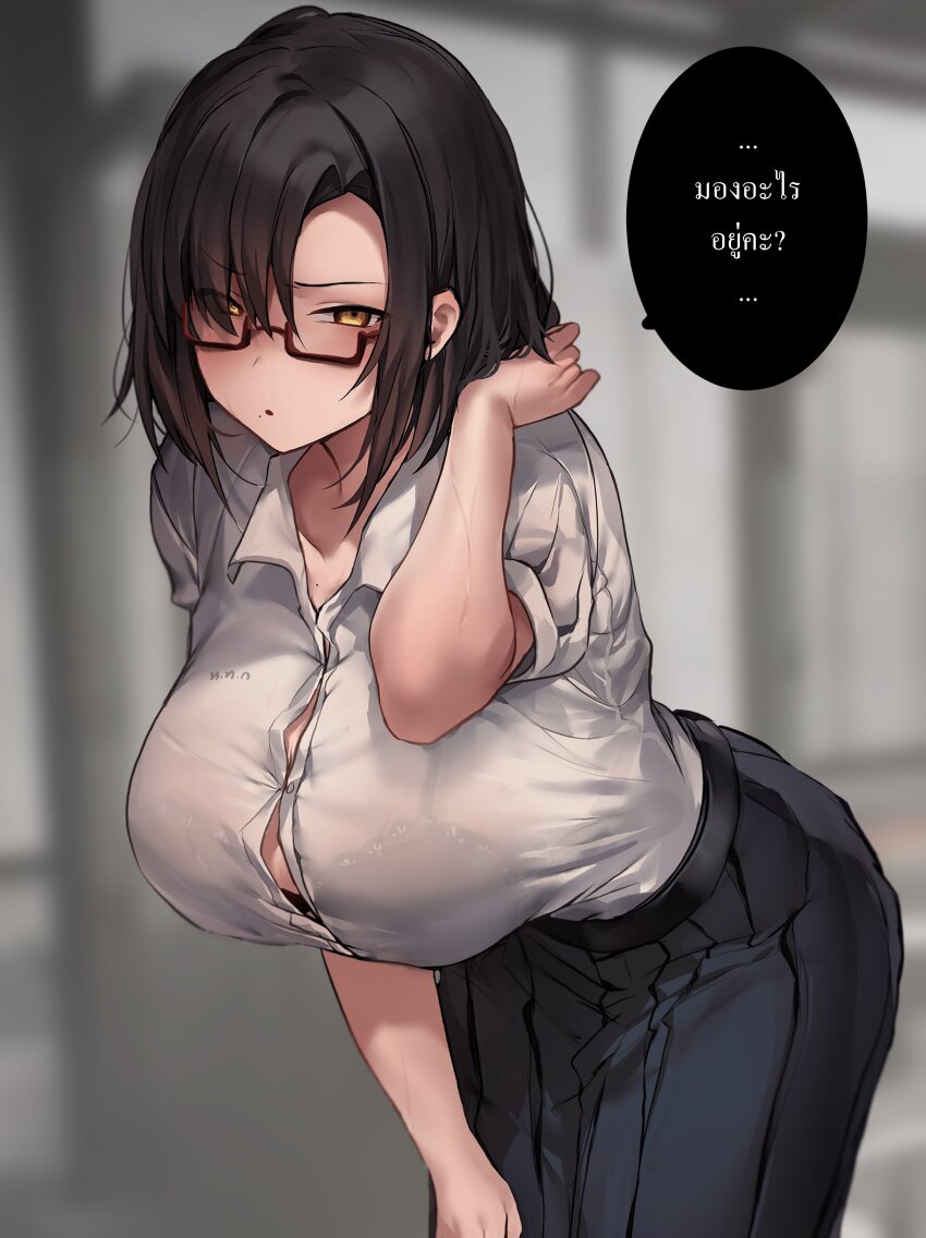 1girl absurdres allze black_hair blue_skirt blush bra bra_visible_through_clothes breasts bursting_breasts collarbone collared_shirt commentary english_commentary glasses hand_in_own_hair hand_on_own_thigh high-waist_skirt highres indoors large_breasts leaning leaning_forward looking_at_viewer messy_hair original parted_lips pleated_skirt see-through_clothes see-through_shirt semi-rimless_eyewear shirt short_hair skirt speech_bubble thai_text translated underwear white_shirt