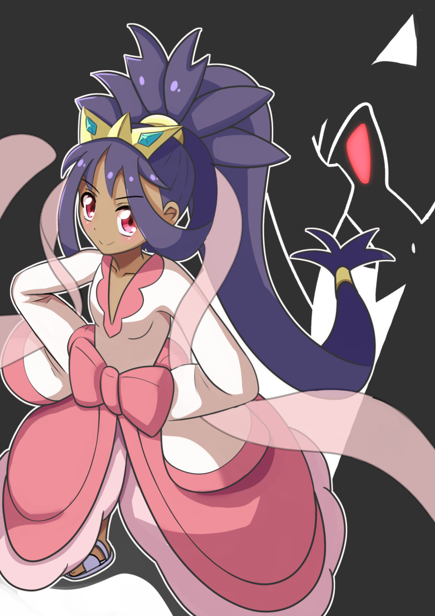 1girl ahoge big_hair child collarbone dark-skinned_female dark_skin dress feet female_focus flat_chest from_above full_body gen_5_pokemon hands_on_own_hips happy haxorus highres iris_(pokemon) light_blush long_dress long_hair long_sleeves looking_at_viewer looking_up low-tied_long_hair neck nintendo official_alternate_costume official_alternate_hairstyle open_clothes open_skirt pink_dress pokemon pokemon_bw2 pokemon_champion ponytail purple_hair red_eyes sandals sidelocks_tied_back skirt sleeves_past_wrists smile sou_(dai_4n_you) standing tiara toenails toes v-neck very_long_hair white_sandals wide_sleeves
