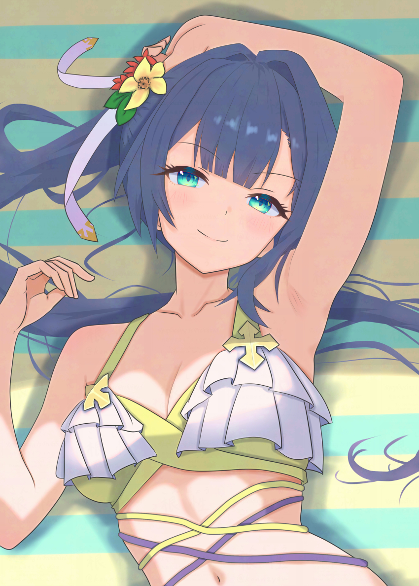 1girl absurdres aqua_eyes arm_up armpits bare_arms bare_shoulders bellona_(epic_seven) bikini blue_hair breasts cleavage closed_mouth collarbone commentary_request epic_seven frilled_bikini frills hand_up highres konjou long_hair looking_at_viewer navel official_alternate_costume ponytail seaside_bellona_(epic_seven) small_breasts smile solo swimsuit upper_body yellow_bikini