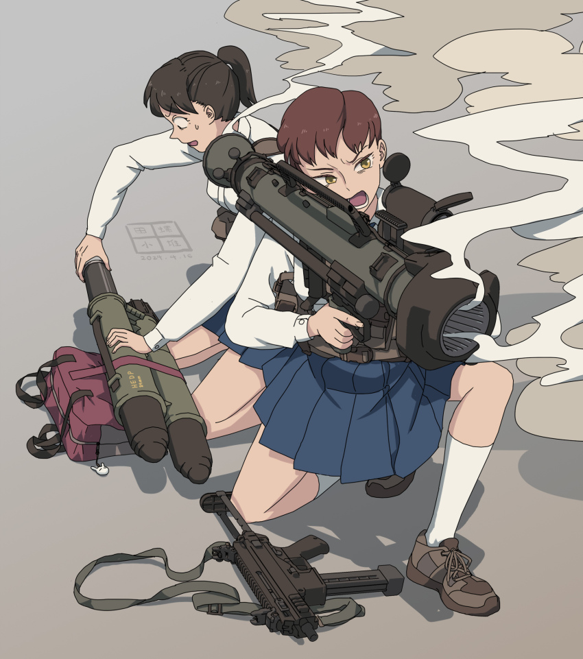 2girls b&amp;t_apc blue_skirt brown_hair carl_gustaf_recoilless_rifle chest_rig dated etmc1992 gun highres multiple_girls original panicking reloading rocket_launcher school_uniform shadow shirt skirt smoke smoking_barrel squatting tactical_clothes weapon white_shirt yellow_eyes
