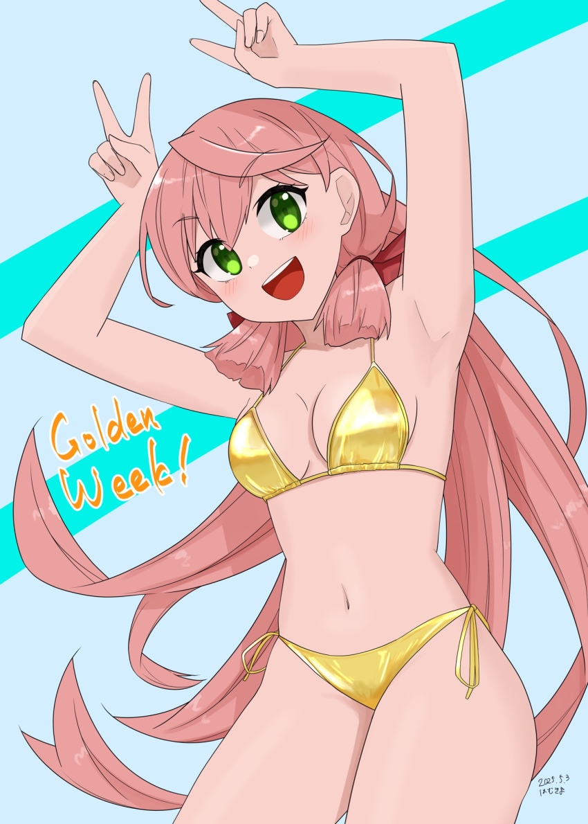 1girl akashi_(kancolle) aqua_background arms_up bikini blunt_tresses breasts buttons cowboy_shot double-breasted gold_bikini golden_week green_eyes hair_ribbon hamukiyo highres kantai_collection long_hair medium_breasts open_mouth pink_hair ribbon side-tie_bikini_bottom smile solo swimsuit teeth tress_ribbon upper_teeth_only