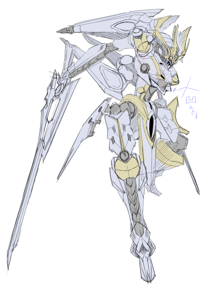 dual_wielding head_tilt highres holding ikaruga_(knight&#039;s_&amp;_magic) knight&#039;s_&amp;_magic looking_at_viewer mecha no_humans red_eyes robot sketch solo sts v-fin white_background