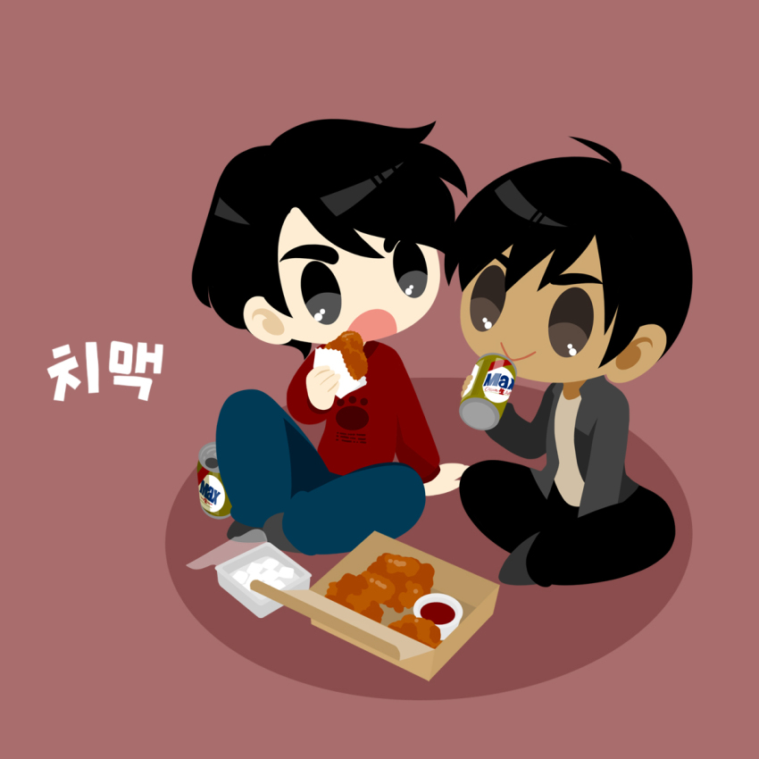 2boys :&gt; :o beer_can black_hair black_pants blue_pants can dark-skinned_male dark_skin drink_can eating food food_request grey_eyes highres indian_style kaorin_minogue korean_text lee_seung-gil male_focus multiple_boys pants phichit_chulanont red_background sitting translated yuri!!!_on_ice