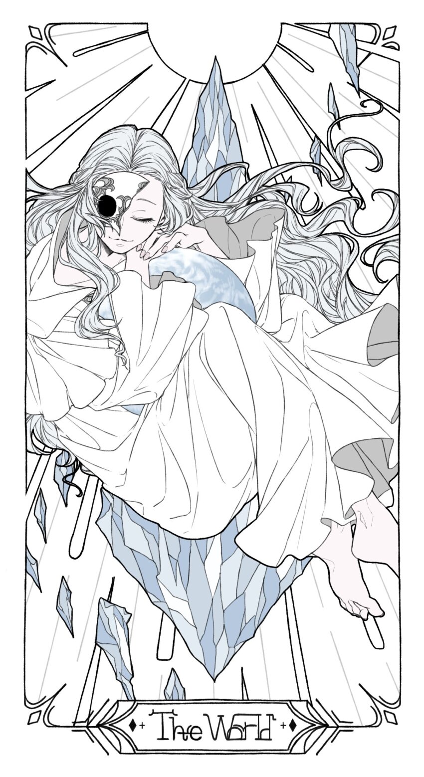 1girl barefoot border broken_mask capelet card_(medium) closed_eyes crystal facing_viewer final_fantasy final_fantasy_xiv floating_hair full_body half_updo highres holding_planet knees_up kuchen long_hair mask one_eye_covered planet robe shards smile solo sophist&#039;s_robe_(ff14) tarot tarot_(medium) the_world_(tarot) venat_(ff14) wavy_hair white_border white_capelet white_hair white_robe