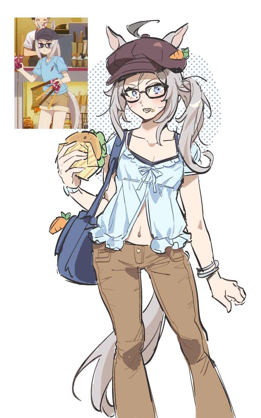 1girl absurdres animal_ears anime_screenshot_inset bag blue_eyes blue_shirt bracelet brown_pants burger carrot_charm carrot_hat_ornament ears_through_headwear feet_out_of_frame food glasses hashtag-only_commentary hat highres holding holding_burger holding_food horse_ears horse_girl horse_tail jewelry kerberos_(kerbe_) navel oguri_cap_(umamusume) pants shirt short_sleeves shoulder_bag simple_background solo tail umamusume umamusume:_cinderella_gray watch white_background wristwatch