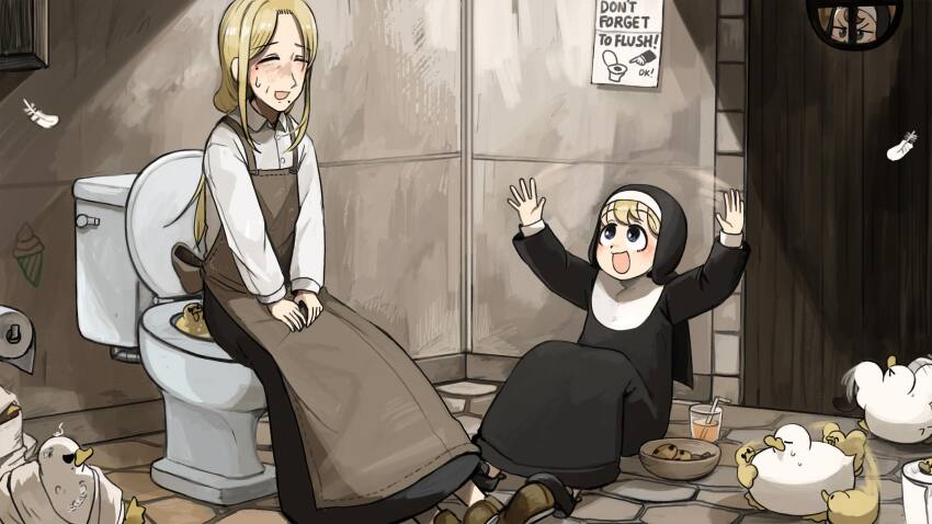 3girls :d apron baby_animal bendy_straw bird black_shoes blonde_hair blue_eyes brown_apron brown_eyes brown_hair brown_shoes chicken chocolate_chip_cookie clumsy_nun_(diva) commentary cookie cup diva_(hyxpk) drinking_straw duck duckling embarrassed english_commentary feathers food froggy_nun_(diva) highres little_nuns_(diva) long_hair motion_blur multiple_girls note nun on_floor on_toilet open_mouth shirt shoes sitting smile strict_nun&#039;s_mother_(diva) sweat toilet toilet_paper traditional_nun white_shirt wing_flapping
