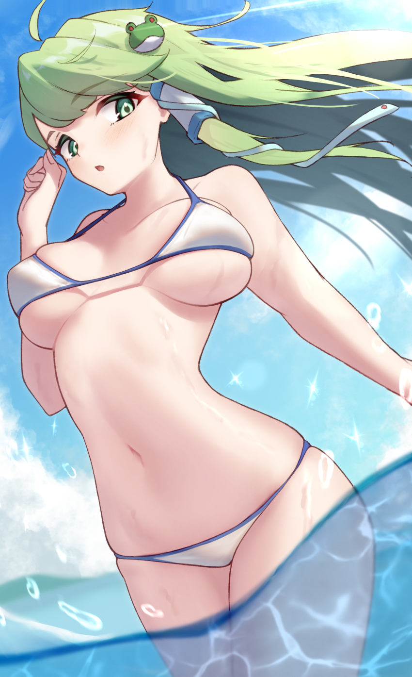1girl :o absurdres bikini breasts cloud cloudy_sky commentary cowboy_shot floating_hair frog_hair_ornament green_eyes grey_hair hair_ornament hair_tubes hand_up highres in_water kochiya_sanae large_breasts light_blush long_hair looking_to_the_side navel open_mouth saniraku single_hair_tube single_sidelock sky snake_hair_ornament solo splashing stomach sunlight swimsuit touhou water white_bikini