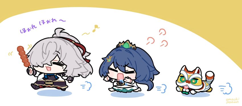 1boy 1girl animal arm_up artist_name chibi chibi_only chinese_clothes closed_eyes commentary commentary_request dango dog food grey_hair hair_between_eyes hair_ornament hair_over_one_eye hair_ribbon hairclip headpiece high_ponytail highres holding holding_skewer honkai:_star_rail honkai_(series) jewelry jing_yuan long_hair low_twintails mole mole_under_eye multicolored_background musical_note omochi_binta open_mouth pendant ponytail ribbon running skewer spoken_musical_note standing symbol-only_commentary twintails wagashi watermark white_background yellow_background yunli_(honkai:_star_rail)