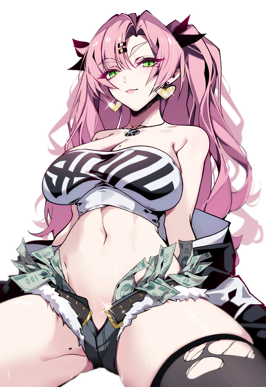 1girl absurdres aer007580 banknote bare_shoulders belt black_belt black_jacket black_ribbon breasts cleavage closed_mouth clothes_down commentary crop_top earrings english_commentary green_eyes hair_ornament hair_ribbon hairclip heart heart_earrings heart_necklace highres jacket jewelry large_breasts linea_alba long_hair looking_at_viewer mole mole_on_breast mole_on_thigh mole_under_eye money multiple_moles navel necklace nicole_demara open_belt open_fly parallel_hairclips pink_hair ribbon simple_background single_thighhigh sitting solo stomach strapless thick_eyebrows thighhighs thighs torn_clothes torn_thighhighs tube_top white_background white_tube_top zenless_zone_zero