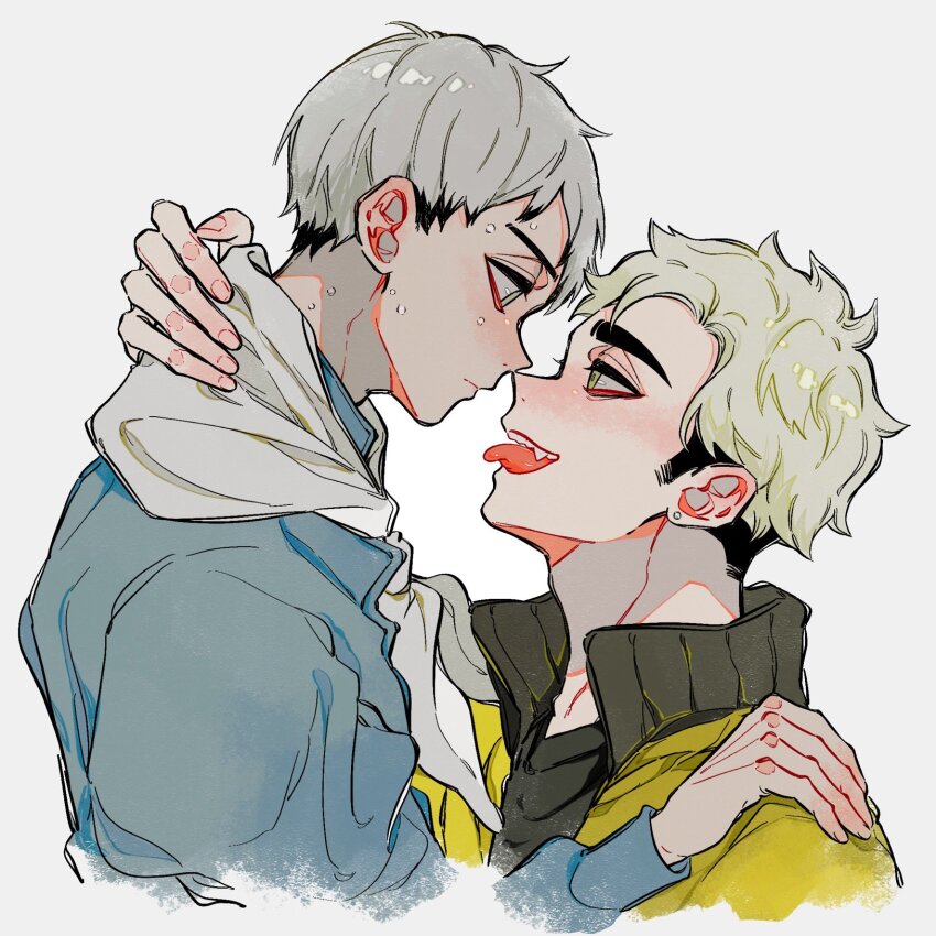 2boys adam&#039;s_apple black_hair black_shirt blonde_hair blue_jacket brown_eyes coco_(238243) collared_jacket colored_tips commentary crew_neck cropped_torso earrings eye_contact fang fingernails grey_hair haikyuu!! hand_on_another&#039;s_neck high_collar highres jacket jewelry kita_shinsuke looking_at_another male_focus miya_atsumu multicolored_hair multiple_boys neckerchief nervous_sweating parted_bangs piercing popped_collar profile shirt sideburns simple_background stud_earrings sweat symbol-only_commentary teeth thick_eyebrows tongue tongue_out two-tone_hair upper_teeth_only very_sweaty wavy_hair white_background white_neckerchief yaoi