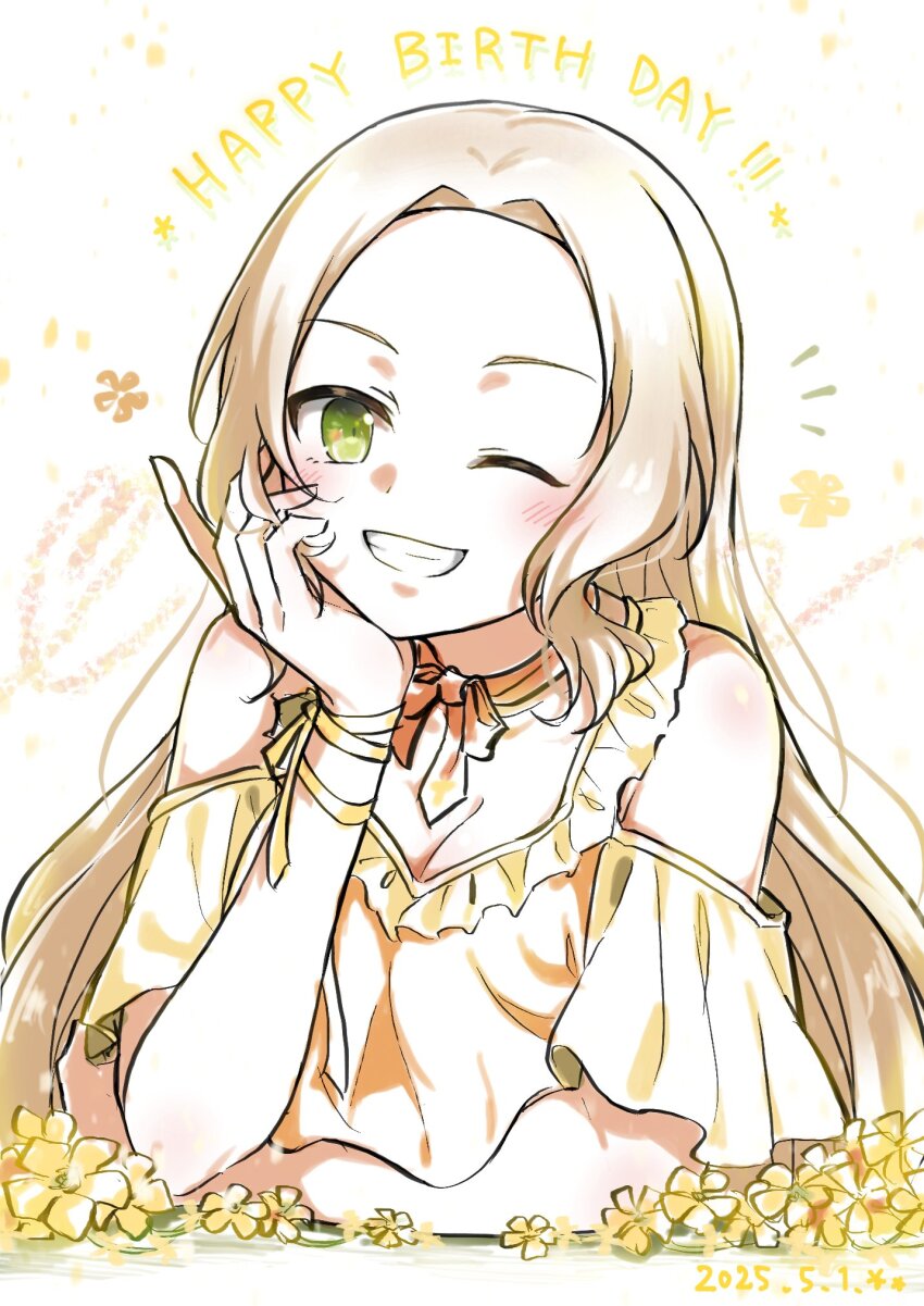 1girl ;d arm_rest arm_support bare_shoulders birthday blonde_hair blush breasts brown_hair character_name choker cleavage clothing_cutout dated dress eda_udon elbow_rest english_text floral_background flower flower_symbol forehead frilled_dress frilled_shirt frills green_eyes grin hand_on_own_cheek hand_on_own_chin hand_on_own_face hand_up happy_birthday head_rest highres inubouzaki_fuu jewelry long_hair looking_at_viewer medium_breasts neck_ribbon notice_lines off_shoulder one_eye_closed open_mouth orange_flower orange_ribbon parted_bangs ribbon ribbon_choker shirt short_sleeves shoulder_cutout sidelocks simple_background small_breasts smile solo star_(symbol) teeth upper_body very_long_hair white_background wrist_ribbon yellow_choker yellow_dress yellow_flower yellow_ribbon yellow_shirt yellow_theme yuuki_yuuna_wa_yuusha_de_aru yuusha_de_aru
