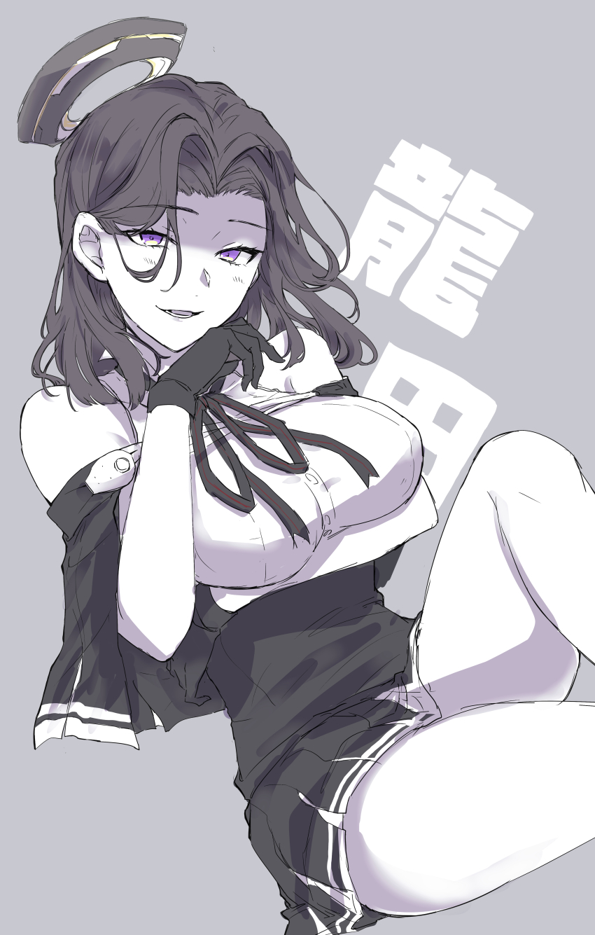 1girl absurdres bare_shoulders black_gloves breasts character_name evil_smile gloves grey_background hagioshi hair_intakes halo highres kantai_collection looking_at_viewer mechanical_halo purple_eyes smile solo tatsuta_(kancolle) tatsuta_kai_ni_(kancolle)