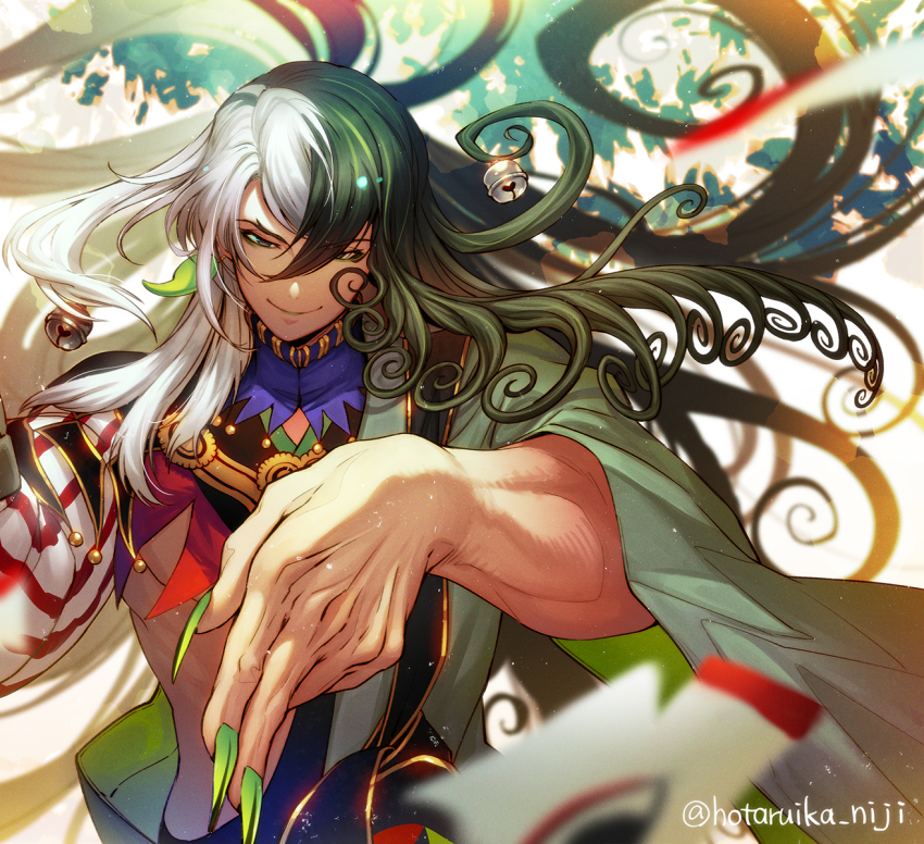 1boy ashiya_douman_(fate) asymmetrical_clothes asymmetrical_hair bell black_eyes black_hair blurry blurry_background blurry_foreground curly_hair earrings eyeshadow fate/grand_order fate_(series) fingernails floating floating_hair floating_object green_eyeshadow green_kimono green_lips green_nails hair_bell hair_between_eyes hair_intakes hair_ornament hand_gesture highres hotaruika_niji japanese_clothes jewelry kimono lipstick long_hair looking_at_viewer magatama magatama_earrings makeup male_focus multicolored_hair nail_polish open_clothes open_kimono ribbed_sleeves sharp_fingernails shikigami smile solo split-color_hair toned toned_male two-tone_hair upper_body very_long_fingernails very_long_hair white_hair