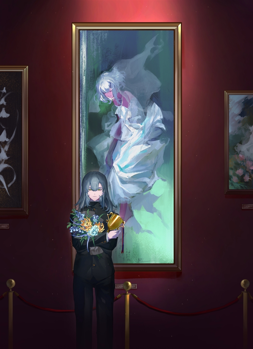 1boy 1girl absurdres black_jacket black_pants bouquet chinese_commentary closed_eyes closed_mouth colored_skin commentary_request flower green_eyes highres holding holding_bouquet holding_trophy indoors jacket long_hair medium_hair original painting_(object) pants purple_skin shuaibipu smile stanchion trophy veil