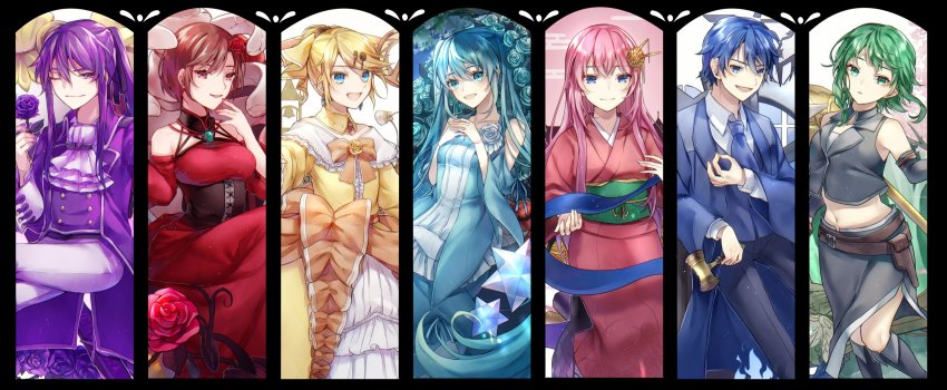 2boys 5girls absurdres aku_no_musume_(vocaloid) akujiki_musume_conchita_(vocaloid) akutoku_no_judgement_(vocaloid) allen_avadonia aqua_eyes aqua_hair aryuma772 banica_conchita blonde_hair blue_eyes brown_hair enbizaka_no_shitateya_(vocaloid) evillious_nendaiki gallerian_marlon green_eyes green_hair highres long_hair margarita_blankenheim multiple_boys multiple_girls nemesis_no_juukou_(vocaloid) nemesis_sudou nemurase_hime_kara_no_okurimono_(vocaloid) pink_hair ponytail purple_eyes purple_hair riliane_lucifen_d&#039;autriche sateriasis_venomania short_hair side_ponytail sidelocks songover sudou_kayo updo venomania_kou_no_kyouki_(vocaloid) very_long_hair vocaloid wavy_hair