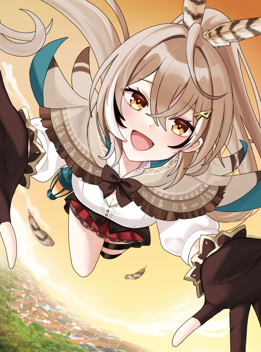 1girl absurdres ahoge black_gloves black_hair blush brown_capelet brown_eyes brown_hair capelet feather_hair_ornament feathers gloves hair_ornament hairpin highres hololive hololive_english lantern long_hair nanashi_mumei nanashi_mumei_(1st_costume) open_mouth partially_fingerless_gloves ponytail red_skirt shirt skirt solo thigh_strap umirunie very_long_hair virtual_youtuber white_hair white_shirt