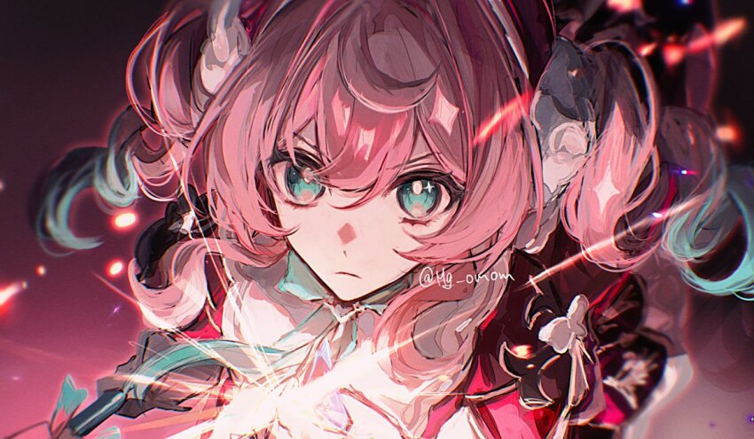 1girl aqua_eyes aqua_hair beret close-up closed_mouth dress hat honkai:_star_rail honkai_(series) hyacine_(honkai:_star_rail) looking_at_viewer mg_omom pink_hair red_dress red_hat solo upper_body