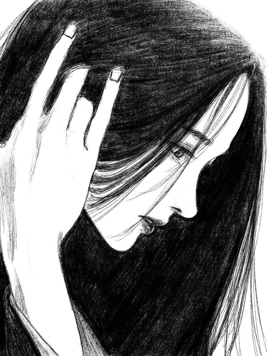 1girl greyscale head_only highres long_hair looking_to_the_side monochrome original portrait solo tp_p_pt