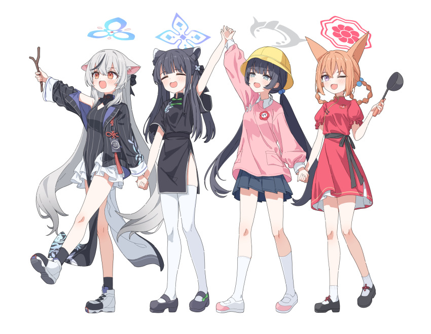 4girls animal_ears arm_up black_dress black_hair black_jacket black_shoes black_socks blue_archive closed_eyes collared_shirt dress full_body grey_hair halo hand_up hat highres holding holding_hands jacket kindergarten_uniform kisaki_(blue_archive) kisaki_(kindergarten_uniform)_(blue_archive) kneehighs kokona_(blue_archive) long_hair long_sleeves looking_ahead multicolored_hair multiple_girls open_clothes open_jacket open_mouth orange_hair pink_shirt red_dress rumi_(blue_archive) rumi_(small)_(blue_archive) school_hat seero shirt shoes short_sleeves shun_(blue_archive) shun_(small)_(blue_archive) siblings simple_background sisters skirt smile socks streaked_hair thighhighs twintails walking white_background white_shoes white_thighhighs yellow_hat