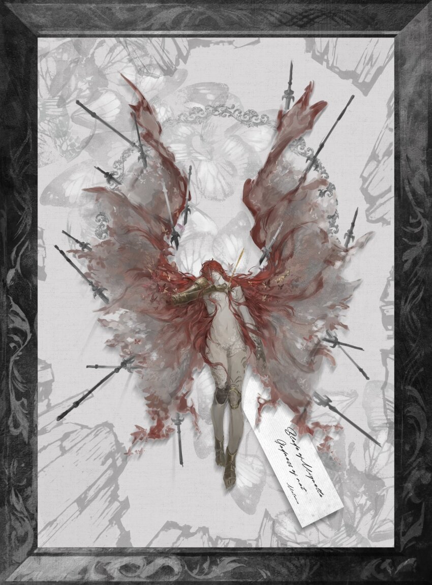 1girl amputee bug butterfly elden_ring golden_sword highres insect jiao_chang malenia_blade_of_miquella malenia_goddess_of_rot mechanical_arms nude prosthesis prosthetic_arm prosthetic_leg scar scarlet_aeonia_(elden_ring) scars_all_over single_mechanical_arm too_many too_many_butterflies triple_amputee wings