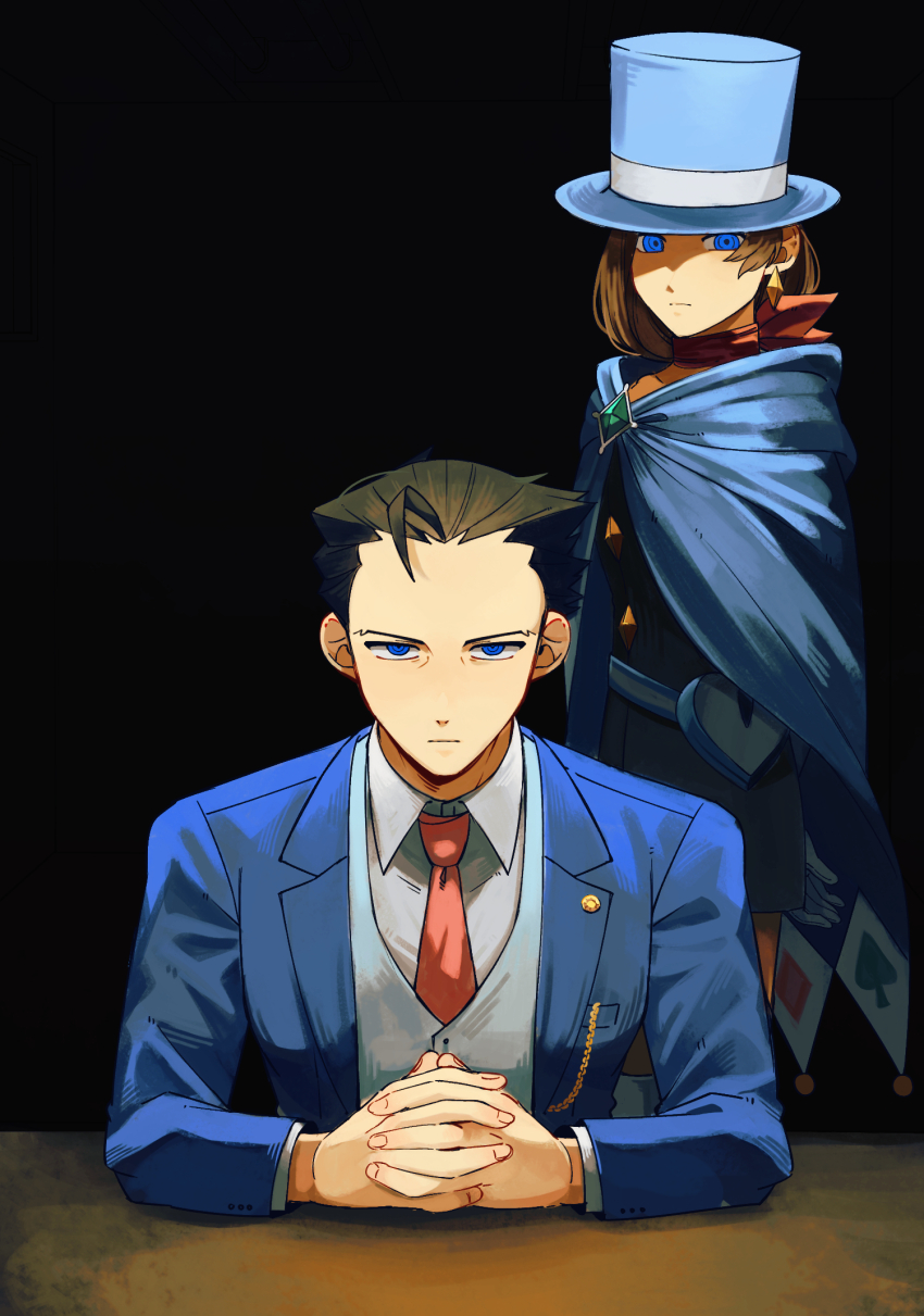 1boy 1girl ace_attorney black_background black_hair blue_cape blue_eyes blue_hat blue_suit brown_hair cape closed_mouth commentary_request dajiobjaction father_and_daughter formal_clothes hat highres korean_commentary looking_at_viewer necktie own_hands_clasped own_hands_together phoenix_wright phoenix_wright:_ace_attorney_-_spirit_of_justice red_necktie short_hair sitting standing suit top_hat trucy_wright