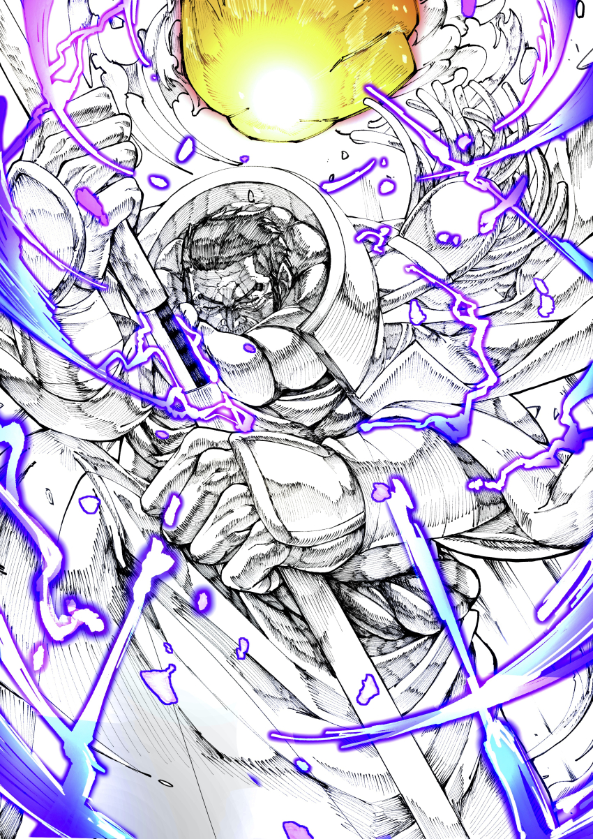 1boy absurdres black_hair closed_eyes coat coat_on_shoulders commentary_request cross_scar epaulettes facial_hair fujitora_(one_piece) highres holding holding_sword holding_weapon male_focus marine_uniform_(one_piece) military_uniform monochrome one_piece satomaru31000 scar scar_across_eye scar_on_face sheath short_hair sideburns solo sword weapon