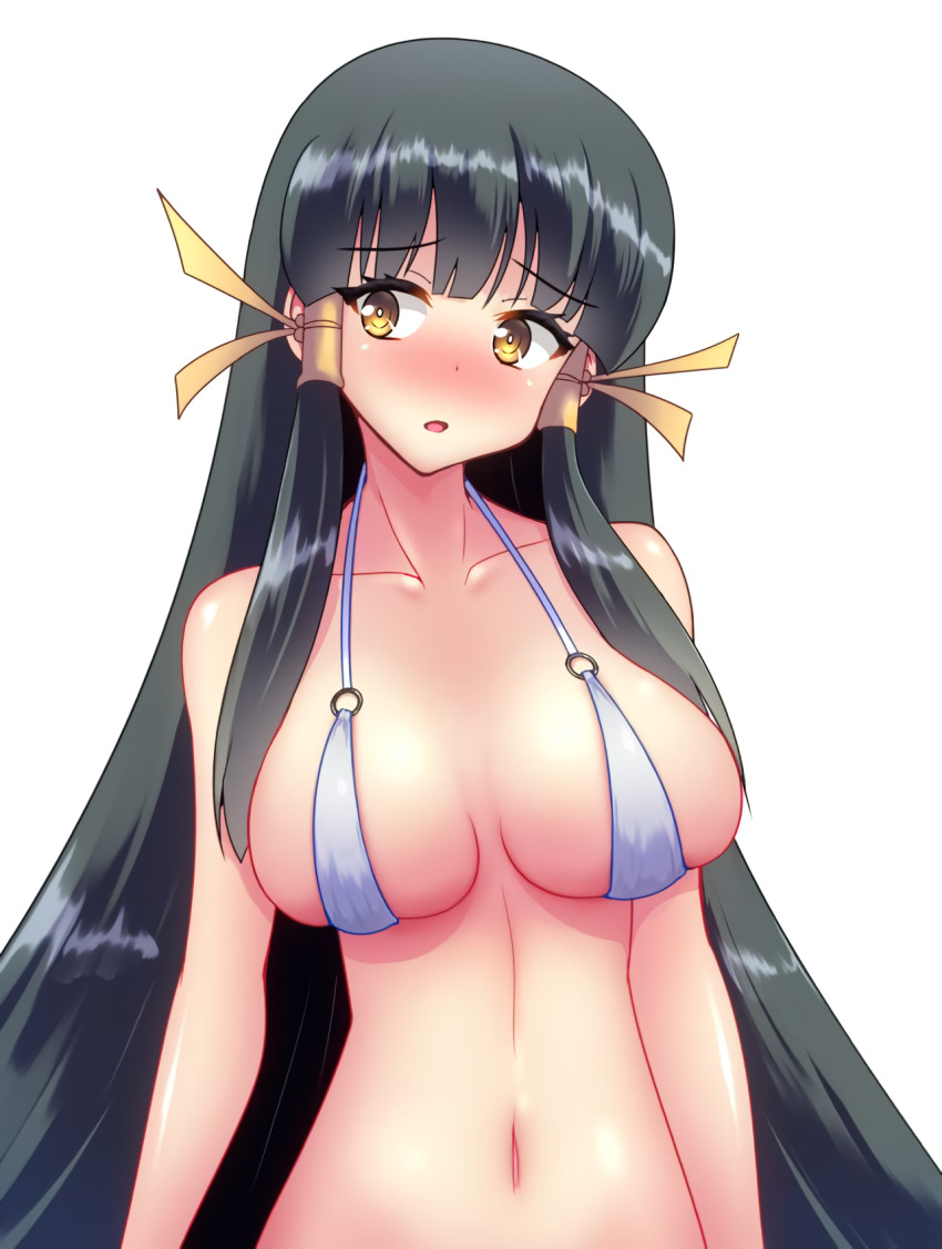 1girl arcana_heart bikini black_hair blush breasts highres kasabou kasuga_maori large_breasts long_hair navel open_mouth solo swimsuit very_long_hair yellow_eyes