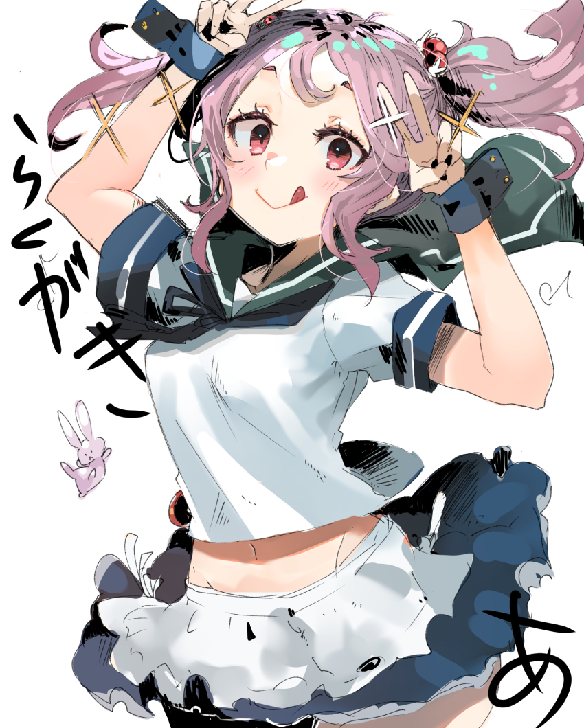 1girl apron black_nails blue_neckerchief blue_sailor_collar blue_skirt cowboy_shot hair_bobbles hair_ornament highres kantai_collection nail_polish neckerchief pink_hair pleated_skirt rabbit red_eyes sailor_collar sazanami_(kancolle) sazanami_kai_(kancolle) school_uniform serafuku shirt short_sleeves simple_background skirt solo sunday_aki tongue tongue_out twintails v waist_apron white_apron white_background white_shirt wrist_cuffs
