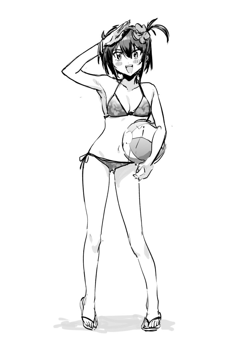 1girl :d armpits ball beachball bikini blush breasts cleavage collarbone contrapposto etou_kanami flower full_body greyscale hair_between_eyes hair_flower hair_ornament hand_up highres holding holding_ball looking_at_viewer medium_breasts monochrome navel one_side_up open_mouth salute sandals short_hair simple_background smile solo standing stomach swimsuit toji_no_miko white_background yamamoto_kichiko