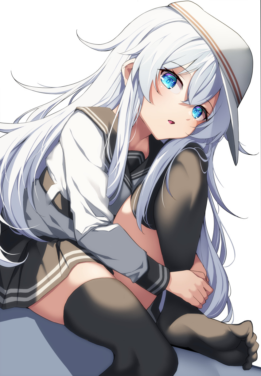 1girl absurdres black_skirt black_thighhighs blue_eyes creek_(moon-sky) flat_cap grey_hair hair_between_eyes hat hibiki_(kancolle) highres kantai_collection long_hair long_sleeves miniskirt pleated_skirt sitting skirt solo thighhighs verniy_(kancolle) very_long_hair white_hair