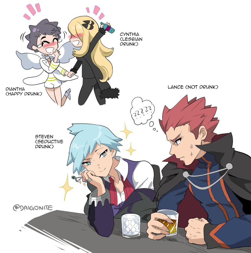 2boys 2girls alcohol bar_(place) black_cape cape character_name chibi clenched_hand closed_mouth collared_shirt commentary cynthia_(pokemon) diantha_(pokemon) drunk english_text goro_orb highres holding jacket jewelry lance_(pokemon) long_sleeves multiple_boys multiple_girls nintendo notice_lines off_shoulder pokemon pokemon_dppt pokemon_hgss pokemon_oras pokemon_xy purple_vest red_hair ring shirt short_hair smile sparkle speech_bubble spiked_hair steven_stone sweat thought_bubble twitter_username vest watermark whiskey white_background white_shirt yaoi yuri