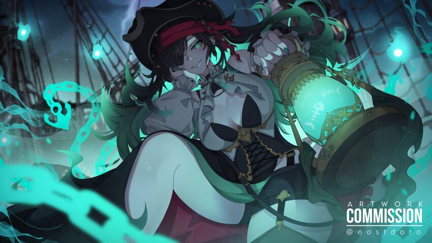 1girl absurdres anchor_symbol black_bra black_corset black_hair black_hat black_skirt black_thighhighs bra braid breasts cersea_soulstorm chain commission corset eyepatch gradient_hair green_eyes green_hair green_nails hat highres holding holding_lantern chromashift lantern long_hair long_sleeves mole mole_under_eye mole_under_mouth multicolored_hair nail_polish nostdoro open_clothes open_shirt parted_lips pirate pirate_ship shirt single_thighhigh skirt thighhighs twitter_username underwear virtual_youtuber white_shirt will-o&#039;-the-wisp_(mythology)