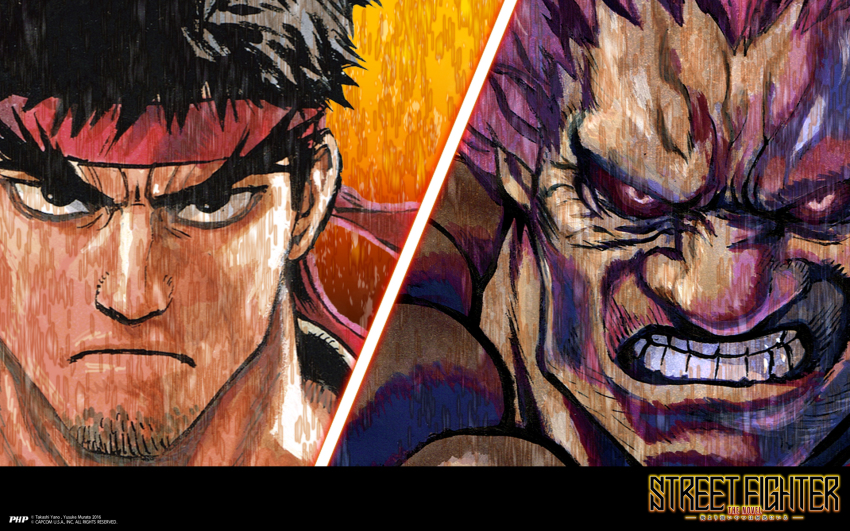 2boys akuma_(street_fighter) beads black_hair black_sclera colored_sclera dark-skinned_male dark_skin eyebrows facial_hair glowing glowing_eyes goatee headband highres manly multiple_boys murata_yuusuke official_art official_wallpaper portrait prayer_beads red_eyes red_hair ryu_(street_fighter) short_hair street_fighter street_fighter_the_novel teeth thick_eyebrows