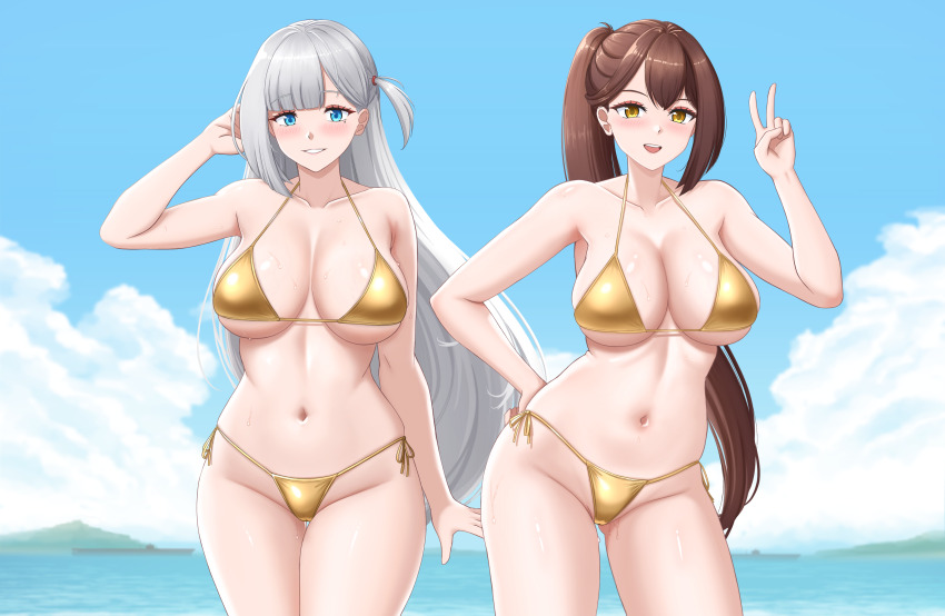 2girls :d absurdres arm_behind_back azur_lane bad_tag beach bikini blue_eyes blush breasts brown_hair commentary crane_enthusiast english_commentary eyeshadow grin hair_between_eyes hand_on_own_hip happy highres hip_focus large_breasts leaning_to_the_side long_hair looking_at_viewer makeup mole mole_under_eye multiple_girls navel ocean open_mouth outdoors ponytail red_eyeshadow shoukaku_(azur_lane) side-tie_bikini_bottom smile stomach swimsuit teeth thigh_gap thighs upper_teeth_only v very_long_hair wet white_hair yellow_bikini yellow_eyes zuikaku_(azur_lane)
