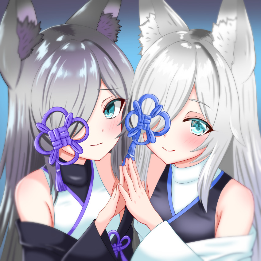 2girls absurdres animal_ear_fluff animal_ears aqua_eyes azur_lane bare_shoulders black_kimono blush closed_mouth fox_ears fox_girl grey_hair hair_over_one_eye highres japanese_clothes kasumi_(azur_lane) kasumi_(meta)_(azur_lane) kimono long_hair looking_at_viewer multiple_girls reinforceiris smile upper_body white_hair white_kimono wide_sleeves