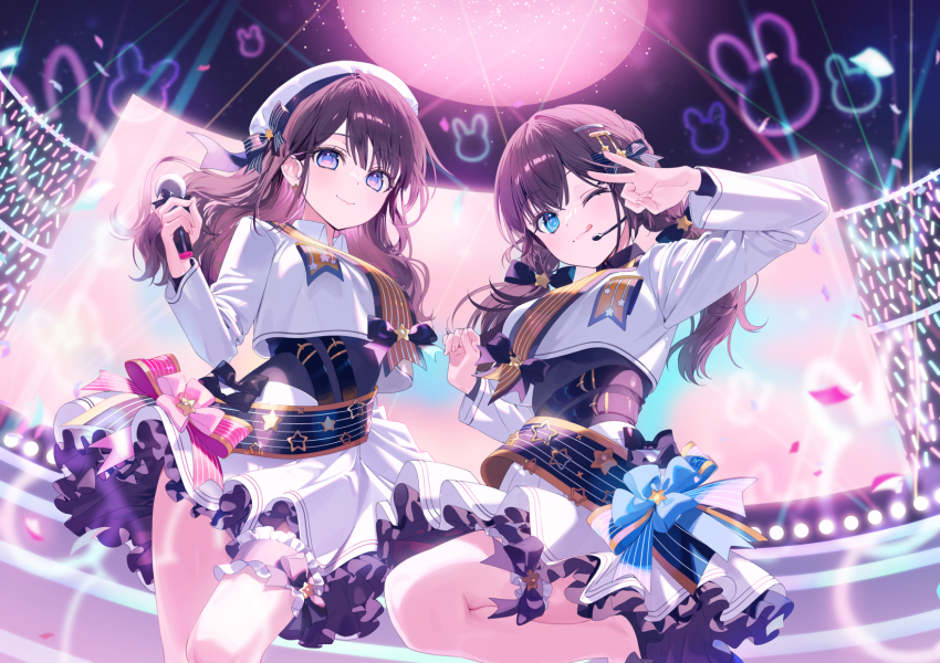 2girls ;q a20_(atsumaru) beret black_bow black_skirt black_undershirt blue_bow blue_eyes bow breasts brown_hair choppy_bangs closed_mouth collared_shirt commentary_request cowboy_shot dot_nose hand_up hat highres holding holding_microphone knee_up layered_skirt long_hair long_sleeves looking_at_viewer low_twintails medium_breasts microphone miniskirt multiple_girls one_eye_closed original pink_bow shirt side_part skirt smile stage standing standing_on_one_leg star_(symbol) tongue tongue_out twintails white_hair white_shirt white_skirt