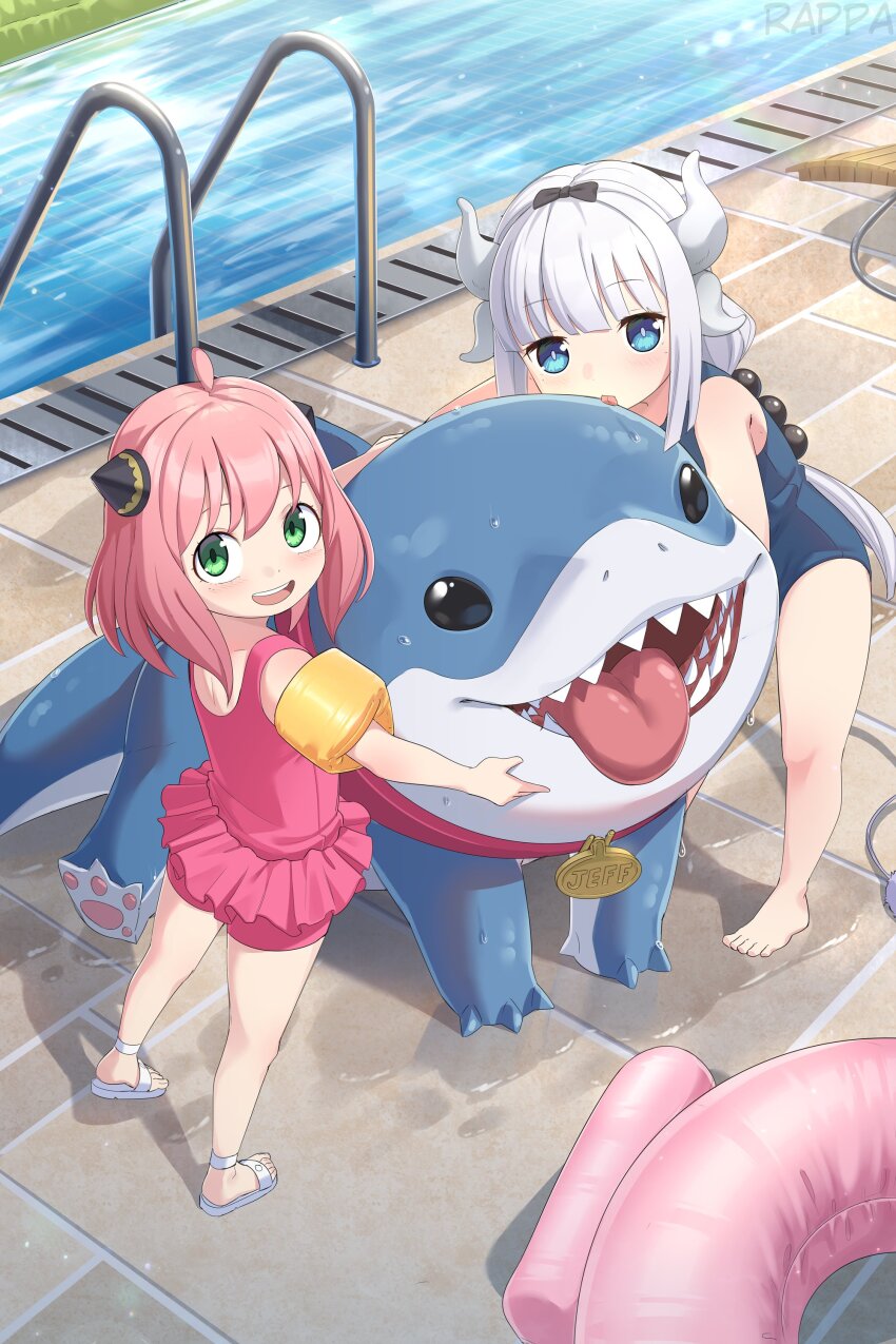 1boy 2girls absurdres animal_hands anya_(spy_x_family) artist_name barefoot beads black_hairband blue_eyes bow_hairband chair child crossover dragon_horns dragon_tail fins fish_tail green_eyes hair_beads hair_ornament hairband hairpods highres horns hug inflatable_armbands innertube jeff_(marvel) kanna_kamui kobayashi-san_chi_no_maidragon licking long_hair looking_at_viewer lounge_chair marvel marvel_rivals medium_hair multiple_girls name_tag one-piece_swimsuit open_mouth pink_hair pool_ladder purple_hair rappa_(sirrappa) sandals school_swimsuit shark shark_fin shark_tail sharp_teeth shin_strap spy_x_family swim_ring swimsuit tail teeth tongue tongue_out twintails very_long_hair water watermark wet white_sandals