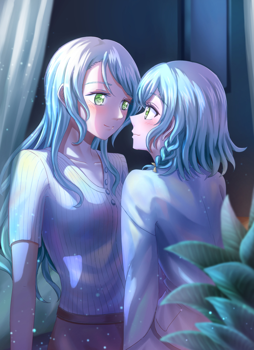 2girls aqua_hair bang_dream! bow braid brown_skirt buttons darkness green_eyes hair_bow highres hikawa_hina hikawa_sayo incest long_hair long_sleeves looking_at_another medium_hair mirror moonlight multiple_girls plant profile shih_lion shirt short_sleeves siblings sisters skirt twincest twins v-neck white_curtains white_shirt yuri