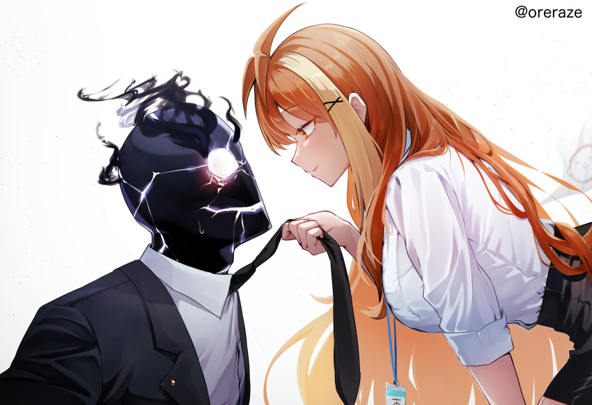 1boy 1girl absurdres bent_over black_jacket black_necktie black_skirt black_suit_(blue_archive) blue_archive blush closed_mouth clothes_grab female_sensei_(blue_archive) high-waist_skirt highres id_card jacket long_hair looking_at_another necktie necktie_grab neckwear_grab nervous_smile nervous_sweating orange_eyes orange_hair sensei_(blue_archive) sera_razere shirt skirt sleeves_rolled_up smile sweat textless_version white_shirt