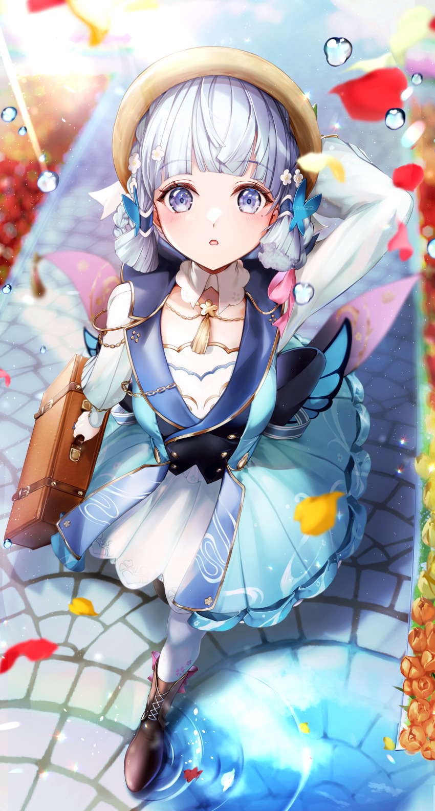 1girl absurdres asahi_(vjss4548) ayaka_(genshin_impact) bag blue_butterfly blue_dress blue_hair blunt_bangs blunt_tresses blurry boots brown_boots brown_hat bug butterfly butterfly_hair_ornament collar depth_of_field dress flower full_body genshin_impact hair_flower hair_ornament hat hat_flower hat_ornament highres holding holding_bag insect kamisato_ayaka kamisato_ayaka_(springbloom_missive) lace-up_boots leaf_hat_ornament light_blue_hair long_sleeves looking_at_viewer mole mole_under_eye multicolored_dress neck_tassel official_alternate_costume official_alternate_hairstyle pantyhose puffy_long_sleeves puffy_sleeves tassel white_collar white_pantyhose