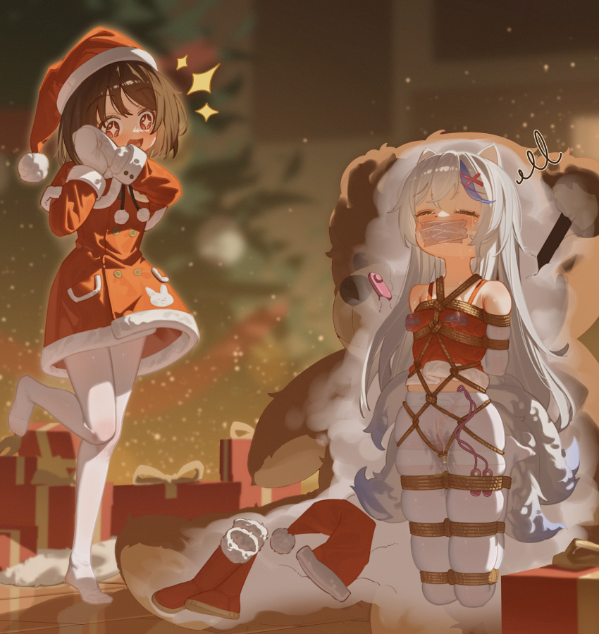+_+ 1girl 2girls absurdres amadeus_frost animal_ears arms_behind_back azuki_(51847767) bare_shoulders bdsm between_breasts between_legs between_thighs blue_hair blush bondage bound bound_arms bound_breasts bound_legs bound_torso breast_bondage breasts brown_hair christmas christmas_ornaments christmas_tree commission controller crying crying_with_eyes_closed detached_sleeves dildo dildo_under_clothes dress duct_tape egg_vibrator elbow_gloves embarrassed female_focus femdom fox_ears fox_girl fox_tail fur-trimmed_dress fur-trimmed_hat fur-trimmed_headwear fur-trimmed_sleeves fur_trim gag gagged gift gloves hair_ornament happy hat highres huge_filesize improvised_gag indoors kitsune kyuubi loli long_hair long_sleeves looking_ahead looking_down medium_hair midriff midriff_peek mittens mouth_stuffed multicolored_hair multiple_girls multiple_tails nipple_stimulation open_mouth original pantyhose pixiv_commission predicament_bondage pussy_juice pussy_juice_stain red_dress red_eyes red_hair red_tank_top remote_control remote_control_vibrator restrained rope santa_costume santa_dress santa_hat see-through_clothes see-through_legwear sex_toy shibari shibari_over_clothes shirt sidelocks small_breasts smile spaghetti_strap sparkle standing standing_on_one_leg star-shaped_pupils star_(symbol) streaked_hair stuffed_animal stuffed_toy surprised sweat sweatdrop swept_bangs symbol-shaped_pupils t-shirt tail tank_top tape tape_gag tearing_up tears teddy_bear tiptoes too_many too_many_sex_toys two-tone_hair very_long_hair vibrator vibrator_cord vibrator_on_nipple vibrator_under_clothes wet wet_clothes wet_pantyhose white_gloves white_hair white_mittens white_pantyhose wooden_floor wrist_cuffs x_hair_ornament