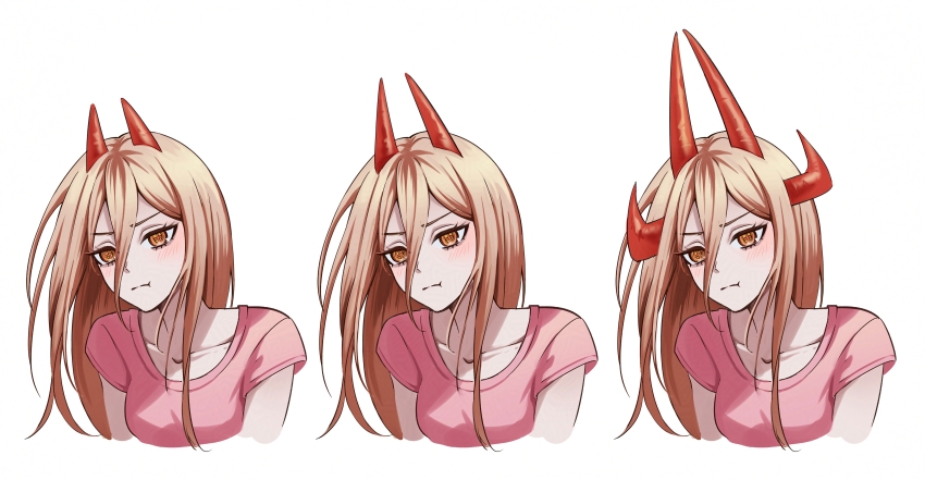 1girl absurdres blonde_hair chainsaw_man closed_mouth demon_girl demon_horns hair_between_eyes highres horns kiring_(pixiv_69139213) long_hair long_hair_between_eyes multiple_horns multiple_views orange_eyes pink_shirt power_(chainsaw_man) red_horns shirt white_background