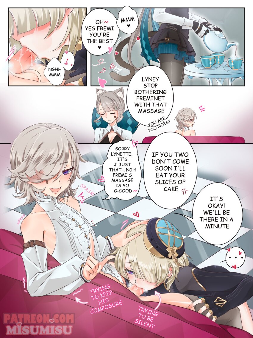 ... 1girl 2boys 4koma animal_ear_fluff animal_ears bare_shoulders blonde_hair blush brothers cat_ears cat_girl cat_tail comic cup detached_sleeves english_text fellatio fingerless_gloves freckles freminet_(genshin_impact) genshin_impact gloves grey_hair grey_thighhighs hair_over_one_eye hand_on_another&#039;s_head hat heart highres incest lynette_(genshin_impact) lyney_(genshin_impact) misumisu multiple_boys open_mouth oral patreon_username penis purple_eyes saliva siblings speech_bubble star_tattoo stealth_fellatio stealth_sex tail tattoo tea teacup teapot testicles thighhighs trap trap_on_trap trembling uncensored yaoi