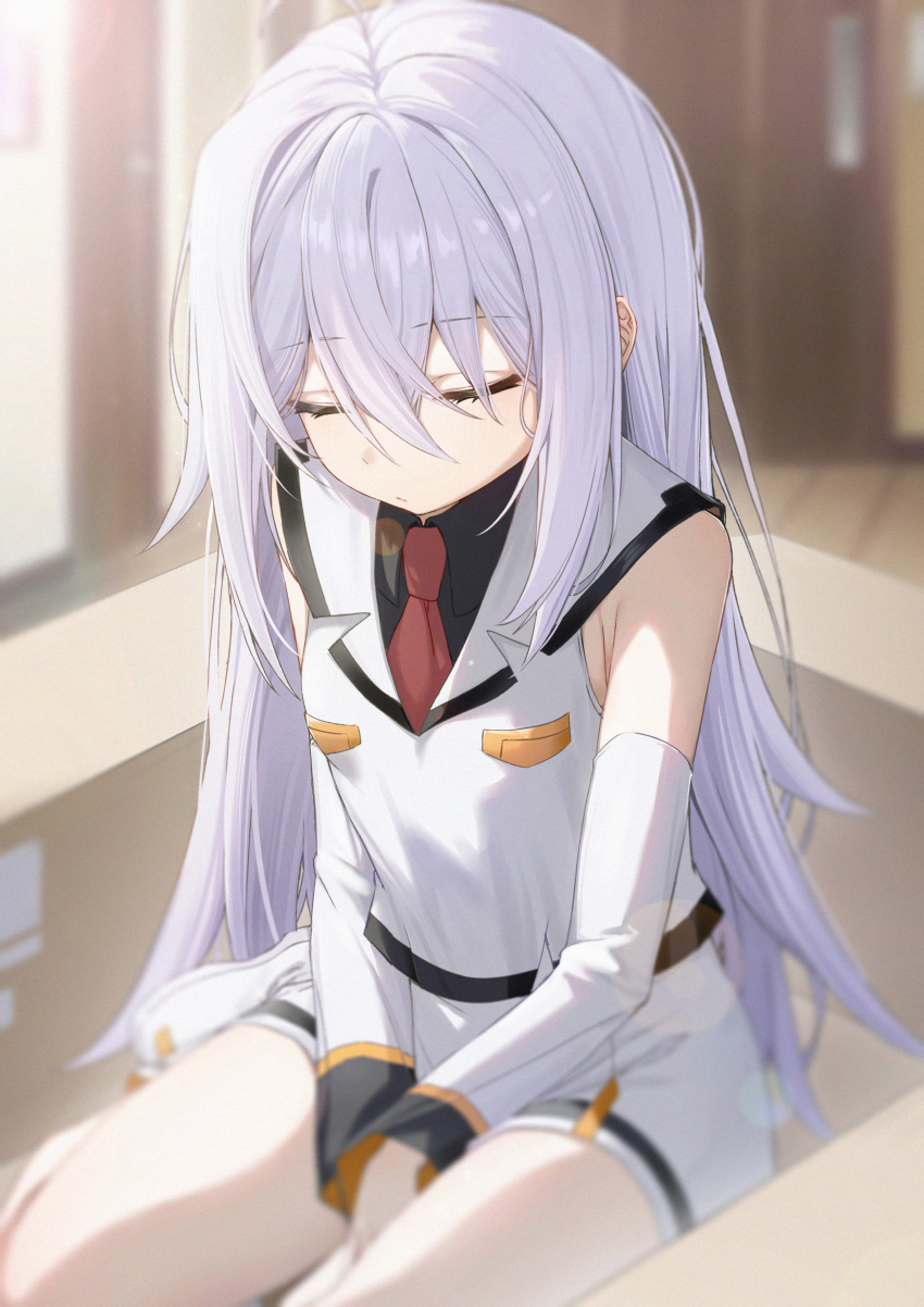 1girl absurdres between_legs closed_eyes closed_mouth commentary_request detached_sleeves hair_between_eyes hand_between_legs highres isla_(plastic_memories) long_hair long_sleeves miniskirt necktie plastic_memories red_necktie shirt shoes sidelocks sitting skirt sleeveless sleeveless_shirt solo wariza wendao white_hair white_shirt white_shoes white_skirt white_sleeves