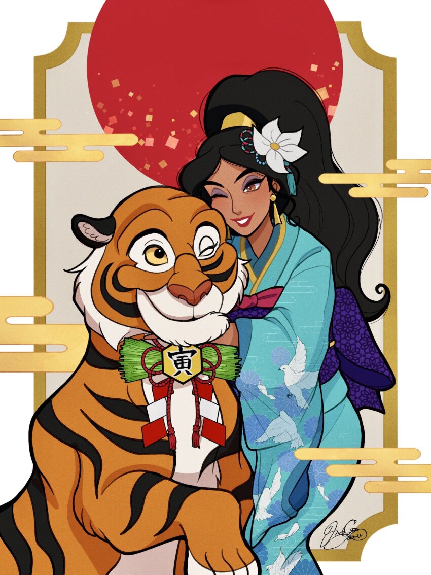 1girl aladdin_(movie) animal black_hair blue_kimono commentary_request earrings eyeshadow hair_ornament highres hug japanese_clothes jasmine_(disney) jewelry kimono makeup moko_eaka obi one_eye_closed ponytail purple_eyeshadow rajah_(disney) red_lips sash signature smile smoke tiger