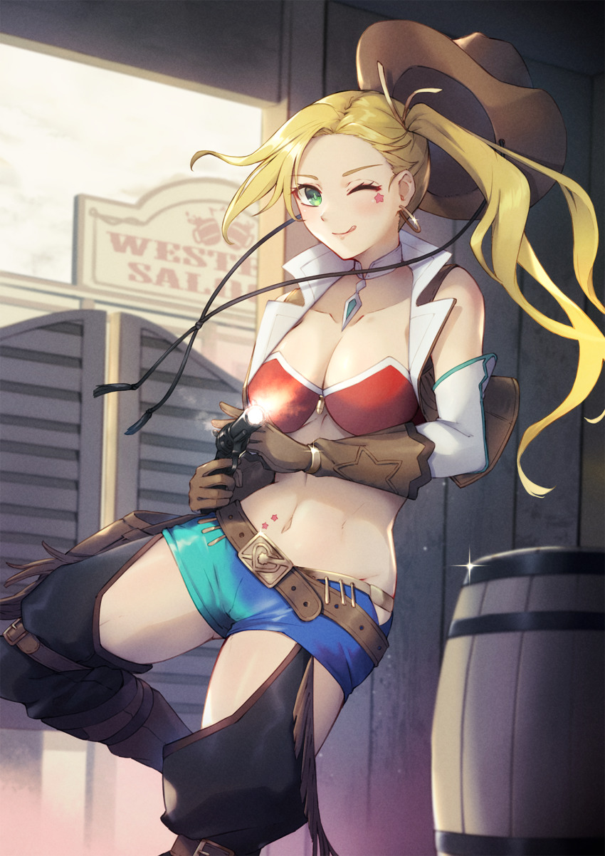 1girl armlet bare_shoulders barrel bikini bikini_top_only blonde_hair blue_shorts breasts brown_gloves brown_vest calamity_jane_(fate) calamity_jane_(first_ascension)_(fate) cleavage cowboy_hat cropped_vest earrings facial_tattoo fate/grand_order fate_(series) fingerless_gloves forehead gloves green_eyes green_shorts gun hat highres hoop_earrings jewelry large_breasts long_hair looking_at_viewer nakaga_eri navel neck_ring one_eye_closed open_clothes open_vest parted_bangs red_bikini short_shorts shorts side_ponytail smile solo star_tattoo stomach_tattoo swimsuit tattoo thighhighs thighs two-tone_shorts vest weapon white_thighhighs